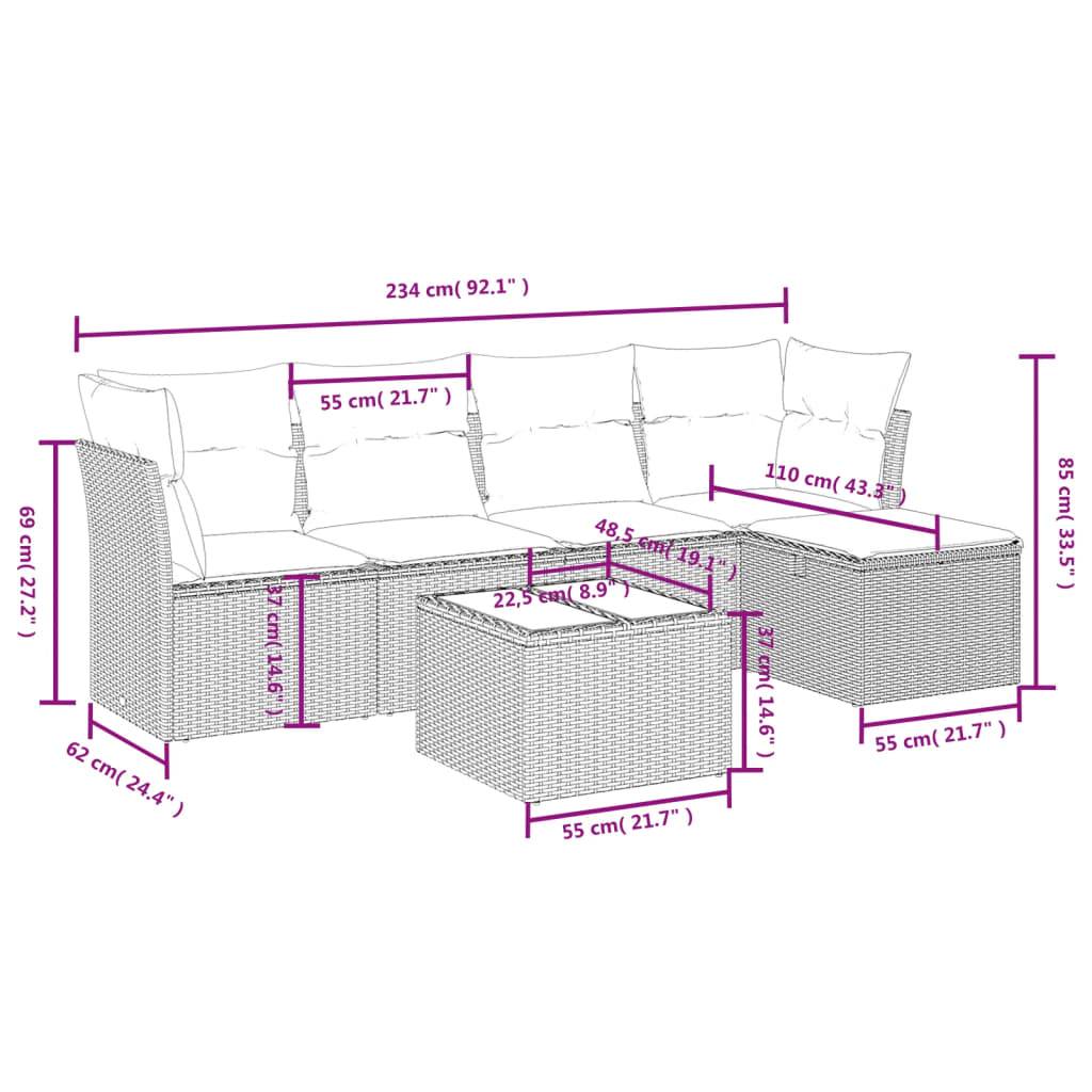 vidaXL 6-tlg. Garten-Sofagarnitur mit Kissen Beige Poly Rattan