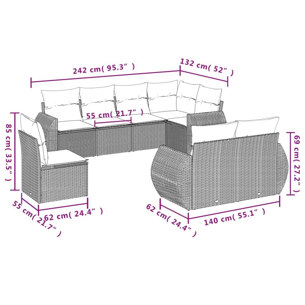 vidaXL 8-teiliges Gartensofa-Set mit Kissen, schwarzes Polyrattan