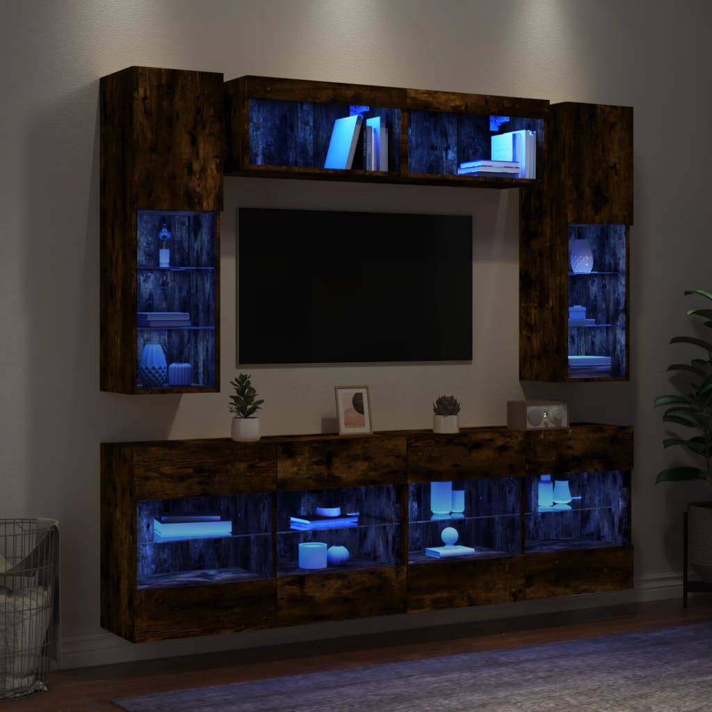 vidaXL 6-tlg. TV-Wohnwand mit LED-Leuchten Räuchereiche