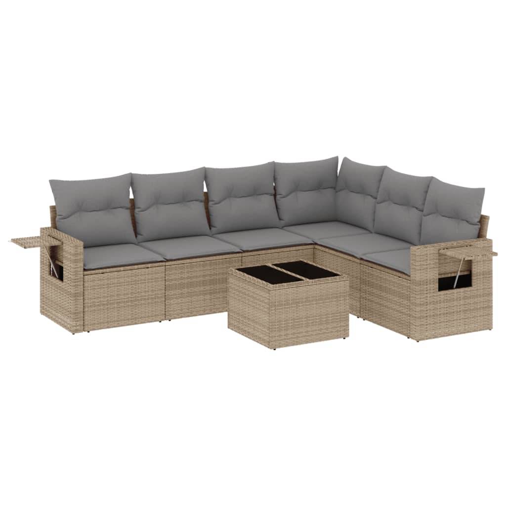vidaXL 7-tlg. Garten-Sofagarnitur mit Kissen Beige Poly Rattan