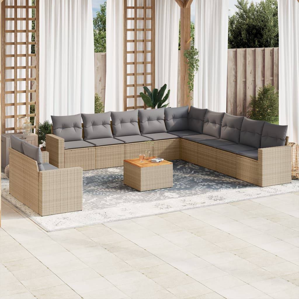 vidaXL 12-tlg. Garten-Sofagarnitur mit Kissen Beige Poly Rattan