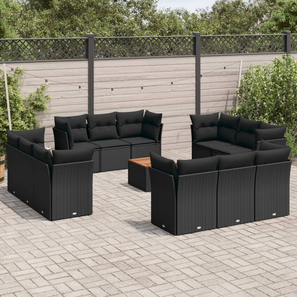 vidaXL 13-tlg. Garten-Sofagarnitur mit Kissen Schwarz Poly Rattan