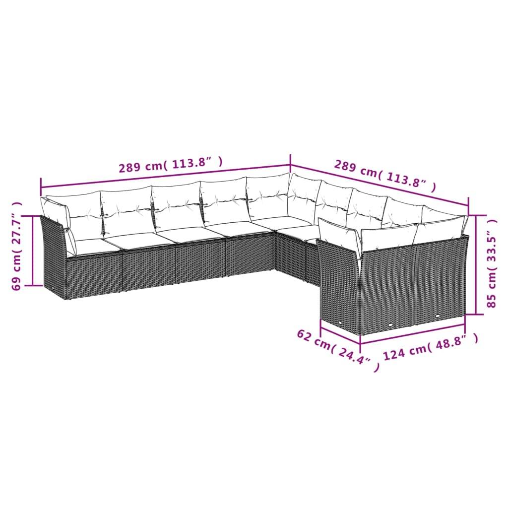 vidaXL 10-tlg. Garten-Sofagarnitur mit Kissen Hellgrau Poly Rattan
