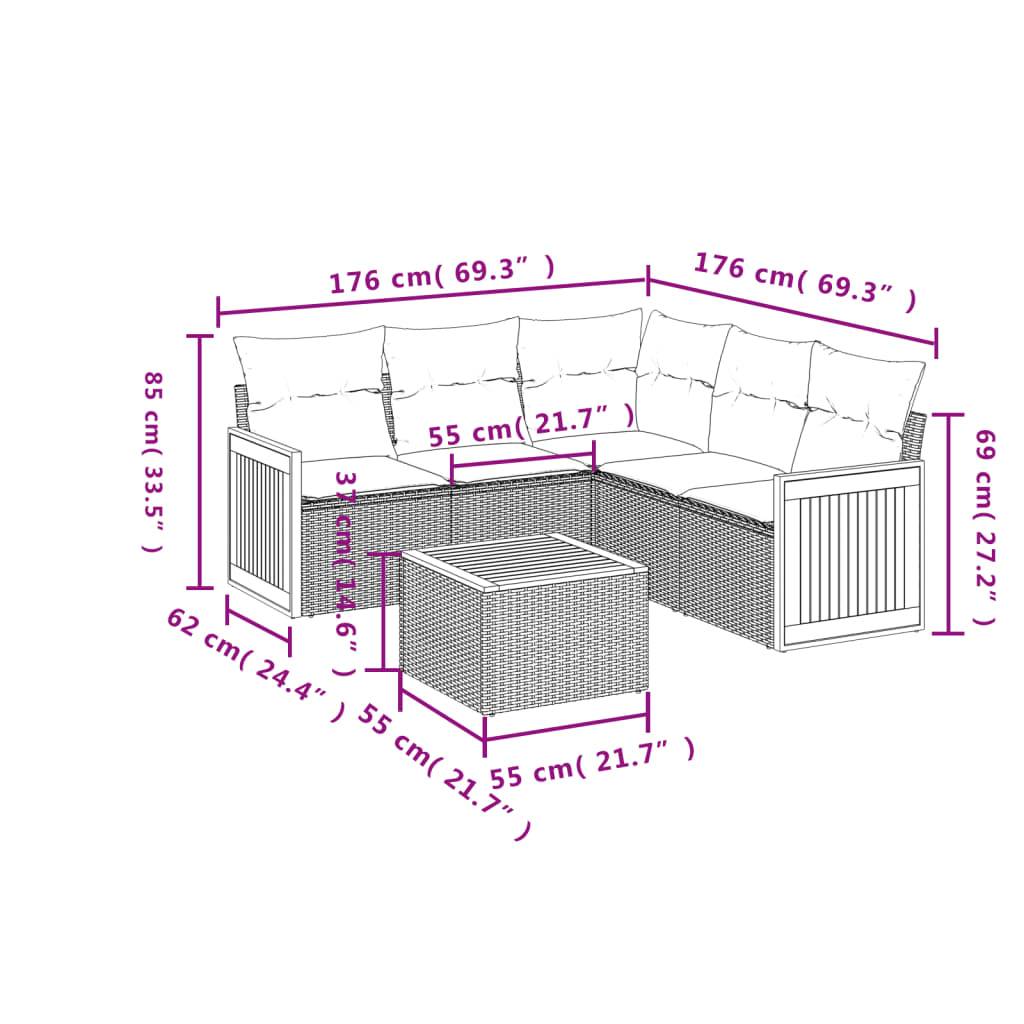 vidaXL 6-teiliges Gartensofa-Set mit Kissen, schwarzes Polyrattan