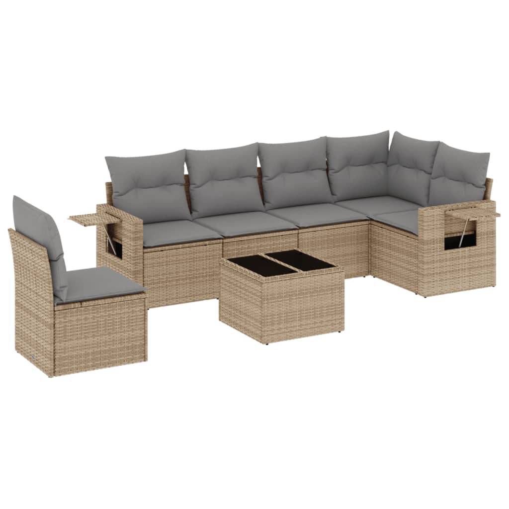 vidaXL 7-tlg. Garten-Sofagarnitur mit Kissen Beige Poly Rattan