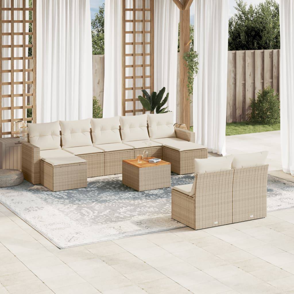 vidaXL 10-tlg. Garten-Sofagarnitur mit Kissen Beige Poly Rattan