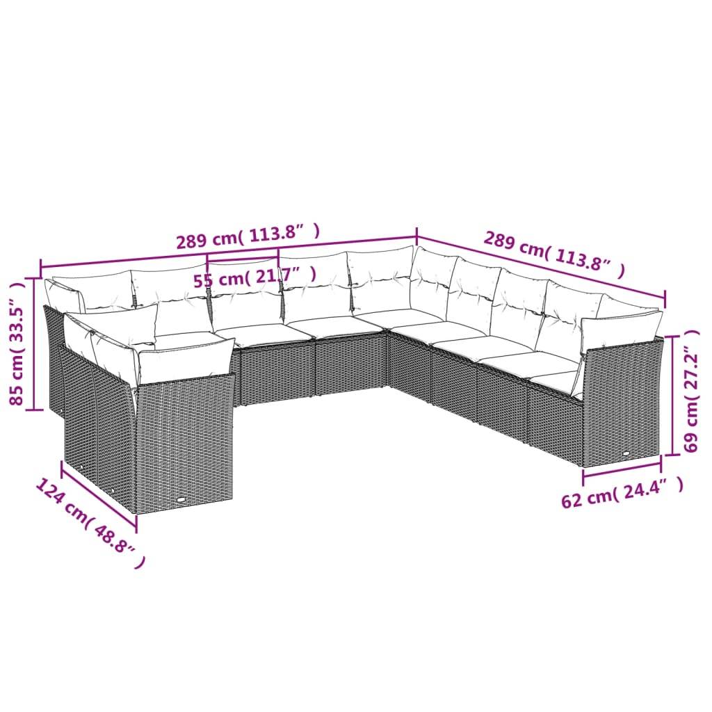 vidaXL 11-teiliges Gartensofa-Set mit Kissen, schwarzes Polyrattan