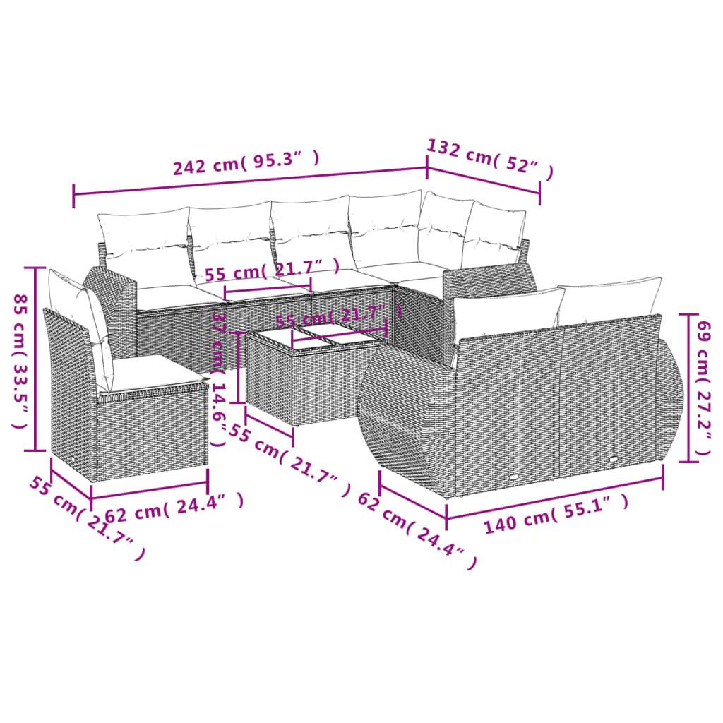 vidaXL 9-tlg. Garten-Sofagarnitur mit Kissen Braun Poly Rattan
