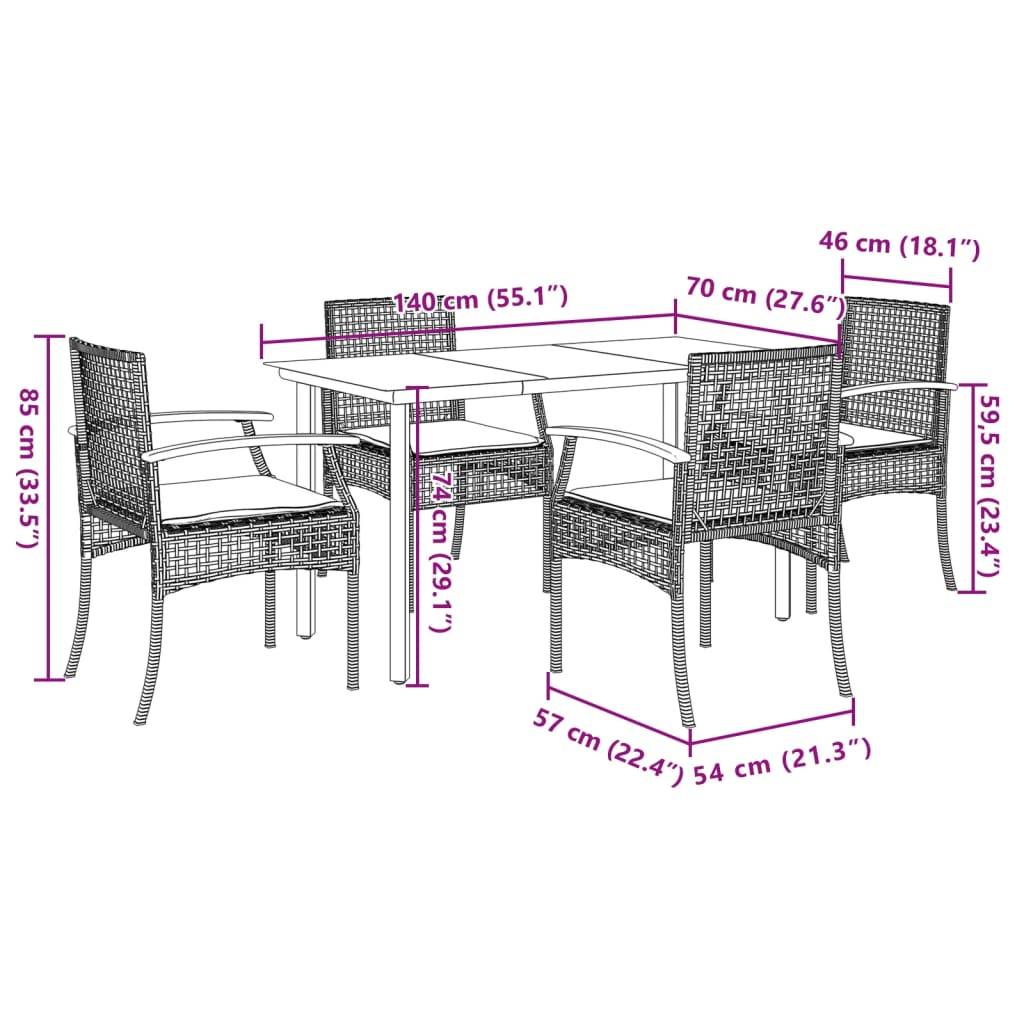 vidaXL 5-tlg. Garten-Essgruppe mit Kissen Schwarz Poly Rattan