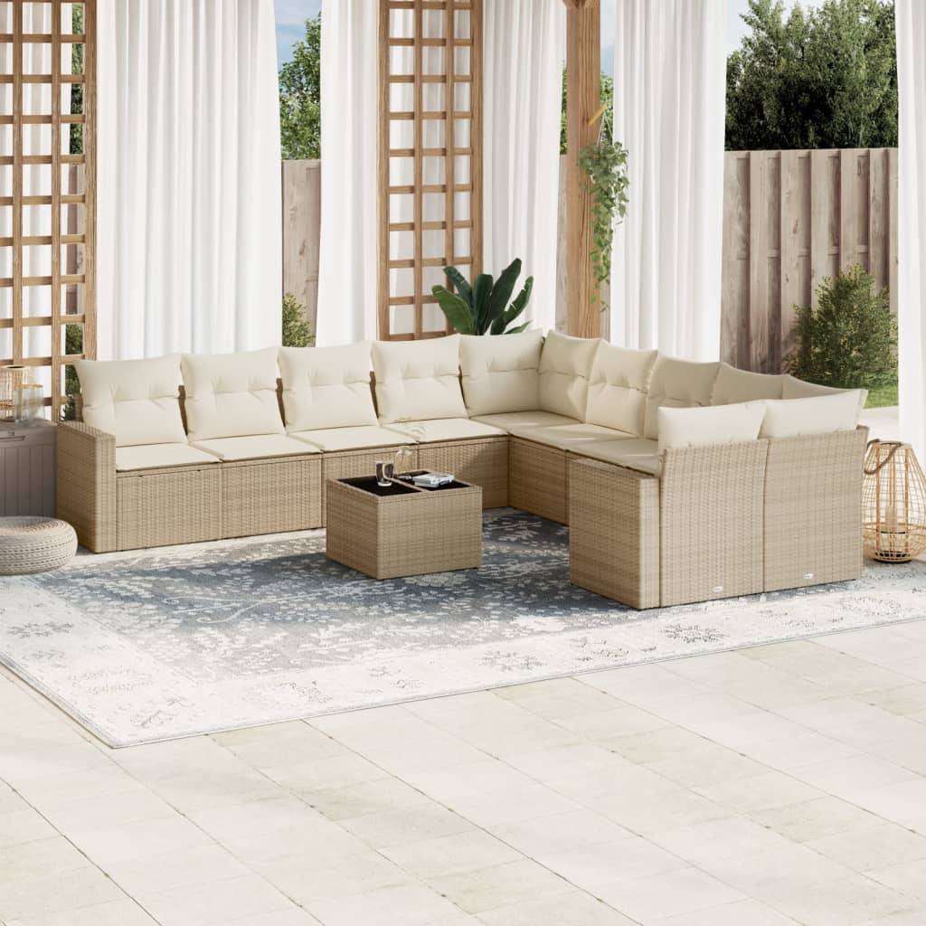 vidaXL 11-tlg. Garten-Sofagarnitur mit Kissen Beige Poly Rattan