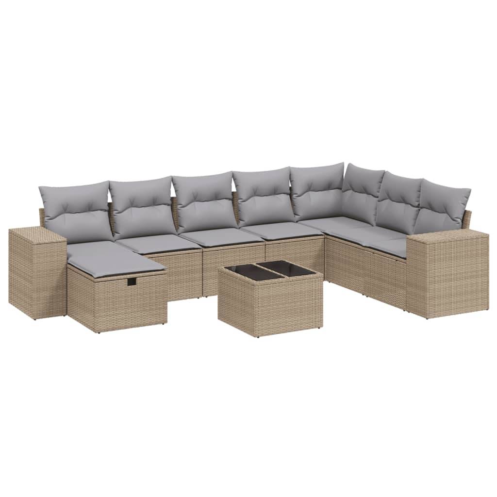 vidaXL 9-tlg. Garten-Sofagarnitur mit Kissen Beige Poly Rattan