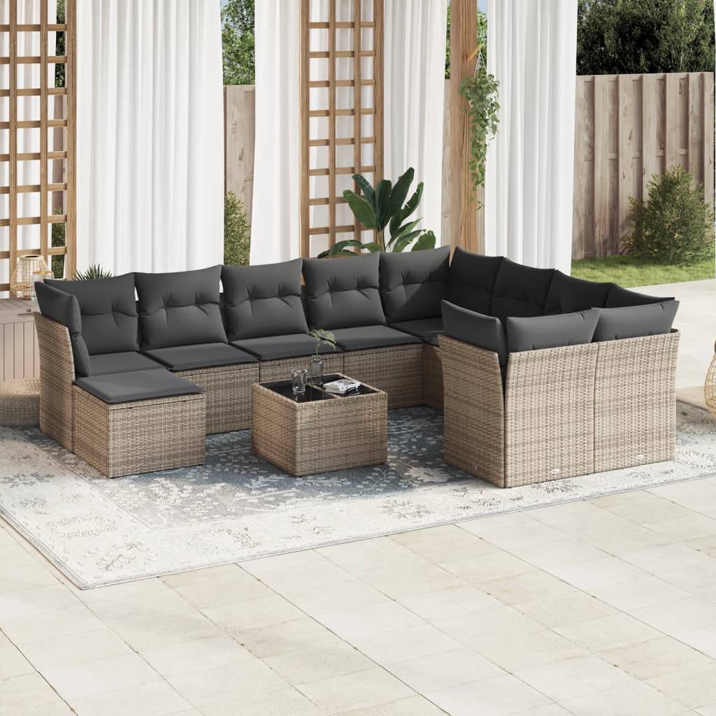 vidaXL 11-tlg. Garten-Sofagarnitur mit Kissen Grau Poly Rattan