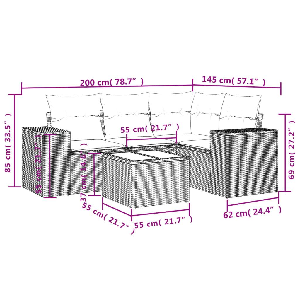 vidaXL 5-tlg. Garten-Sofagarnitur mit Kissen Beige Poly Rattan