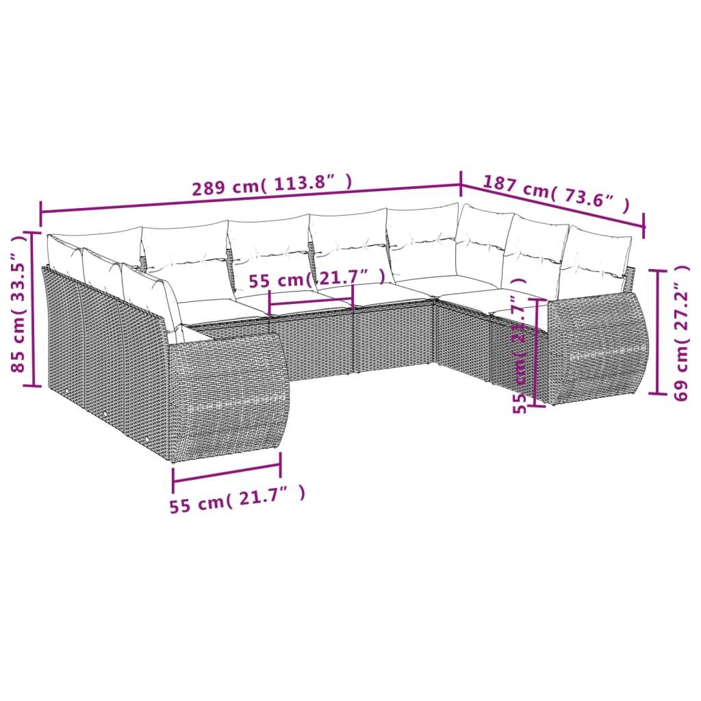 vidaXL 9-teiliges Gartensofa-Set mit Kissen, schwarzes Polyrattan