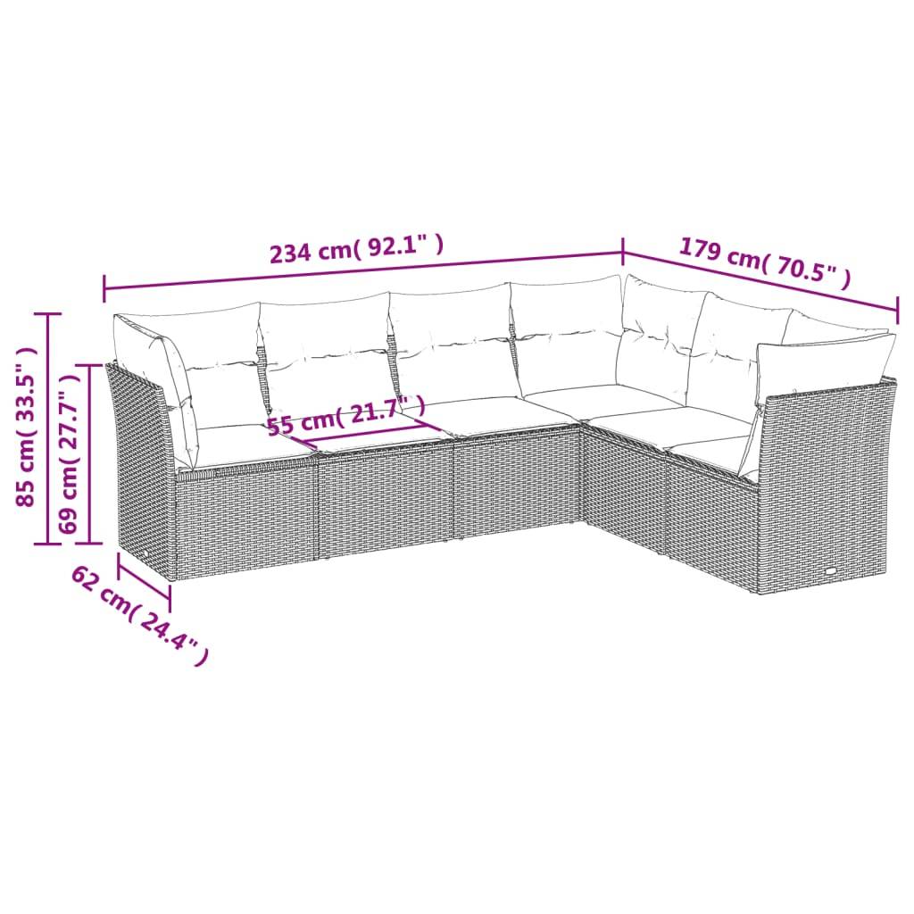 vidaXL 6-tlg. Garten-Sofagarnitur mit Kissen Braun Poly Rattan