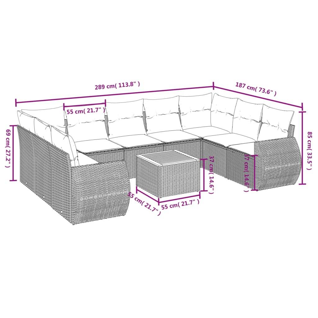 vidaXL 10-teiliges Gartensofa-Set mit Kissen, grau, Polyrattan