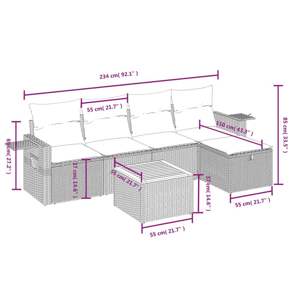 vidaXL 6-tlg. Garten-Sofagarnitur mit Kissen Beige Poly Rattan