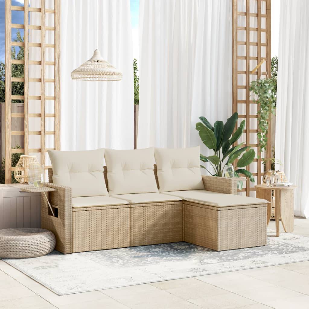 vidaXL 4-tlg. Garten-Sofagarnitur mit Kissen Beige Poly Rattan