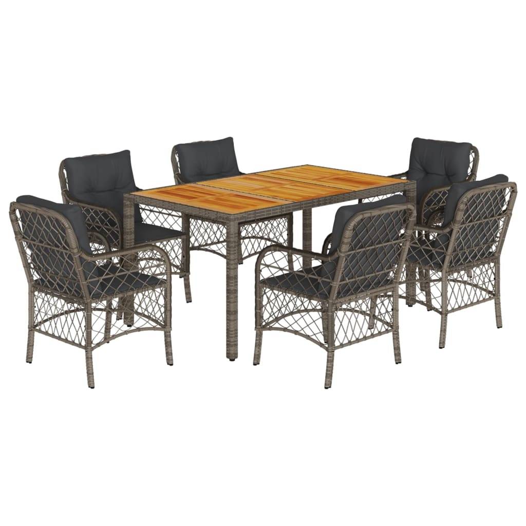 vidaXL 7-tlg. Garten-Essgruppe mit Kissen Grau Poly Rattan