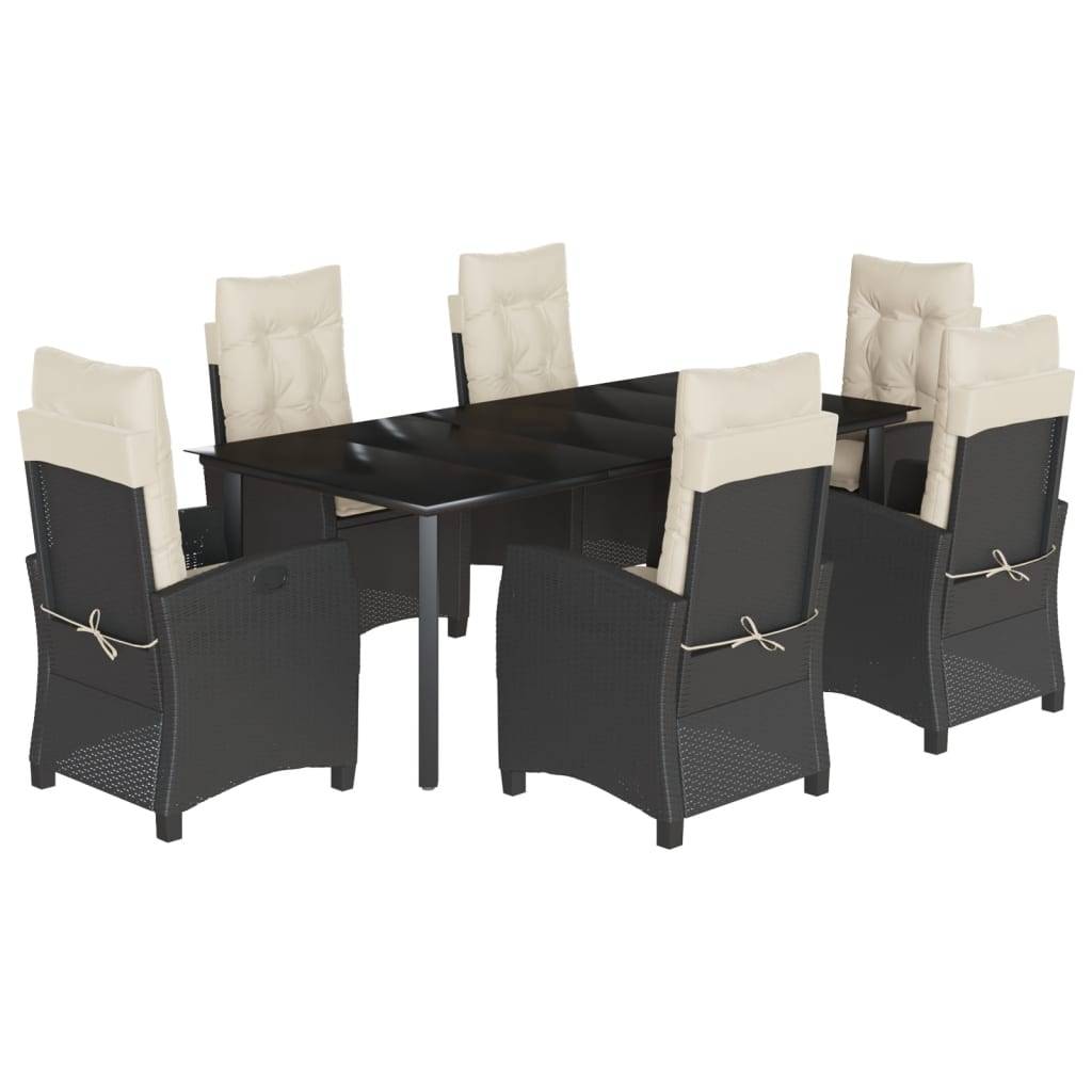 vidaXL 7-tlg. Garten-Essgruppe mit Kissen Schwarz Poly Rattan