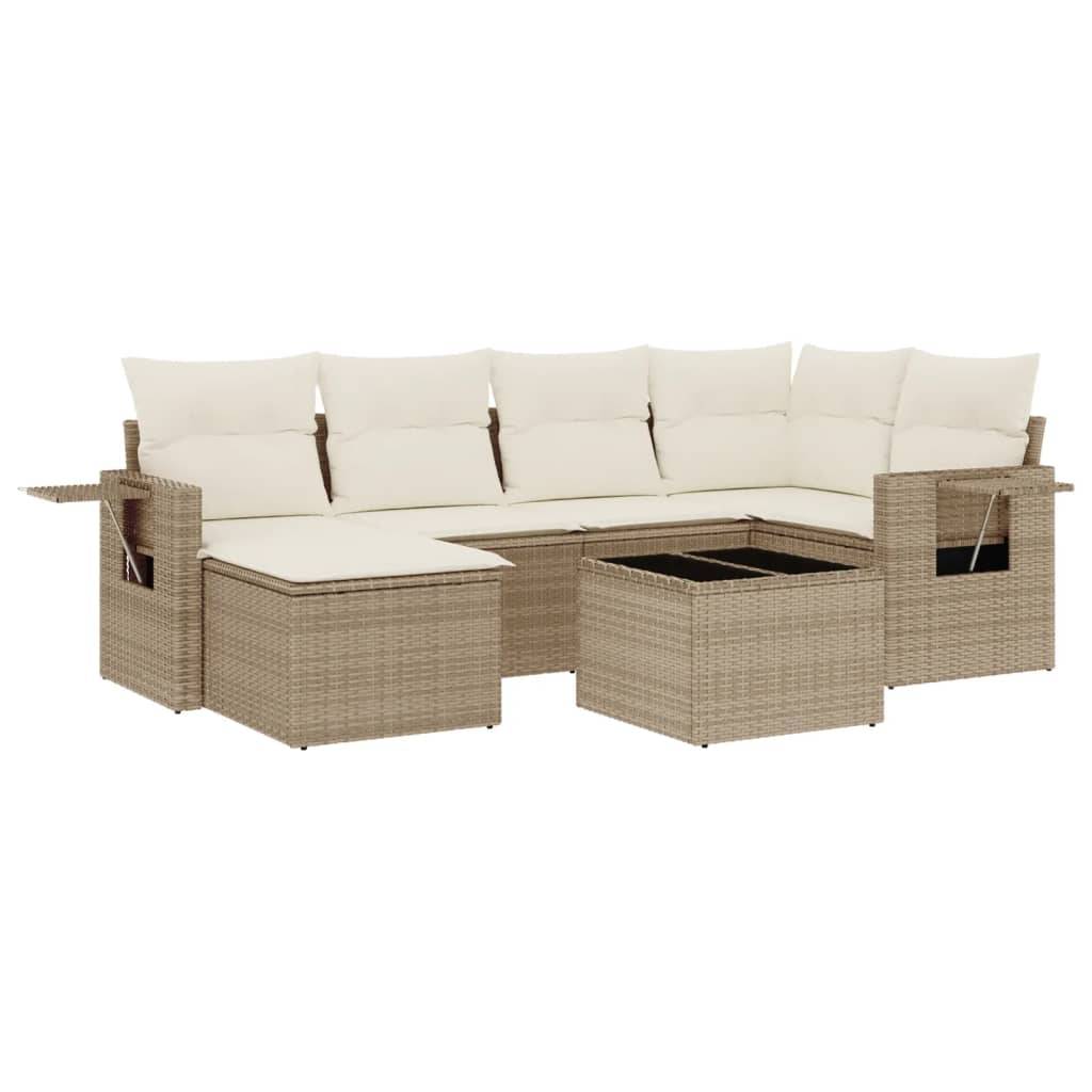 vidaXL 7-tlg. Garten-Sofagarnitur mit Kissen Beige Poly Rattan