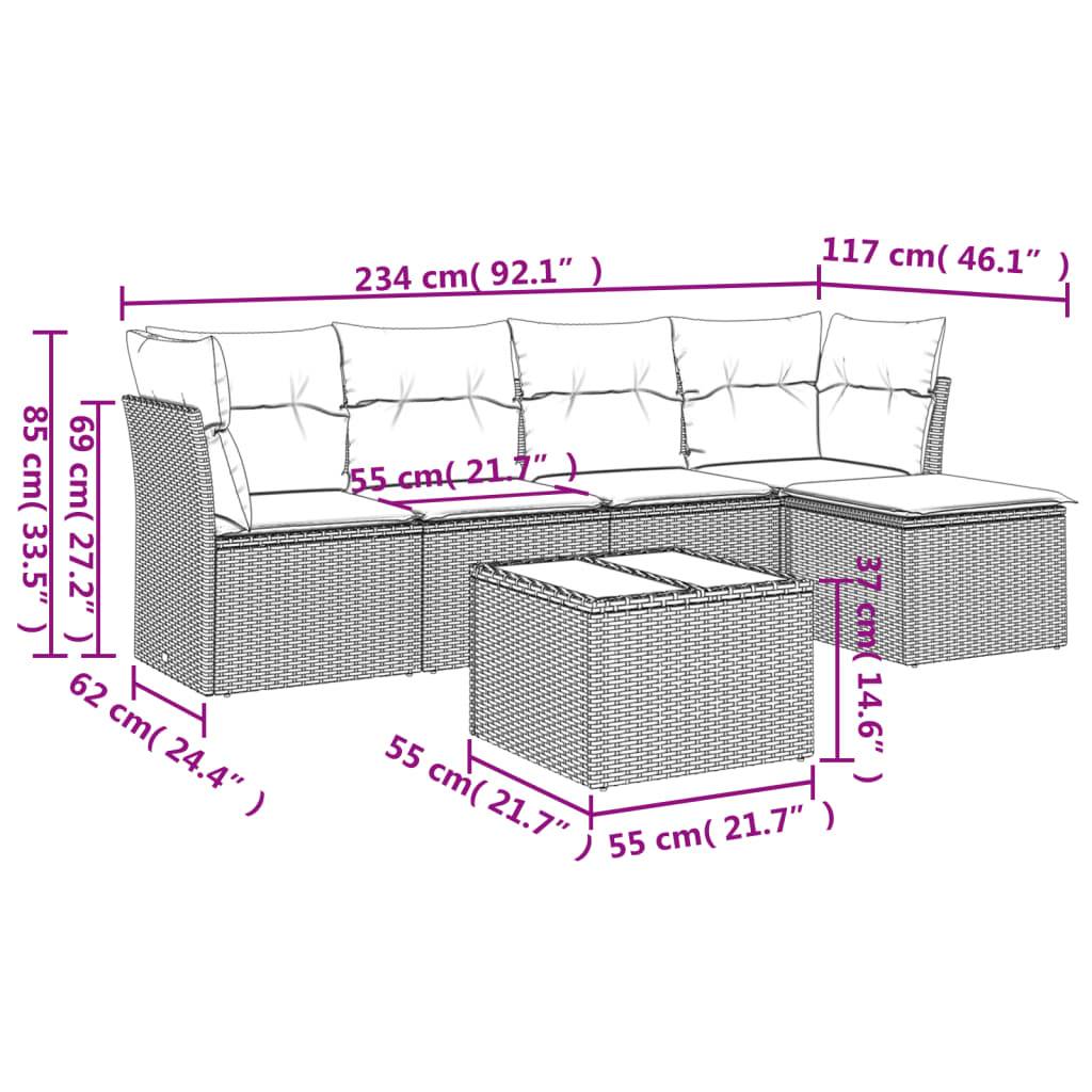vidaXL 6-tlg. Garten-Sofagarnitur mit Kissen Hellgrau Poly Rattan