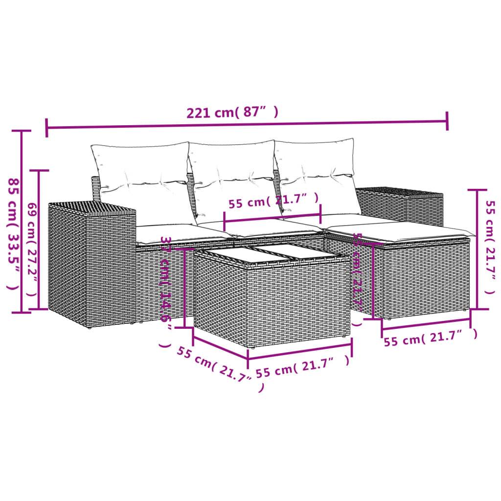 vidaXL 5-teiliges Gartensofa-Set mit Kissen, grau, Polyrattan