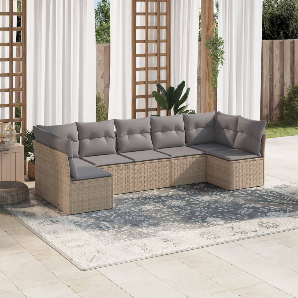 vidaXL 7-tlg. Garten-Sofagarnitur mit Kissen Beige Poly Rattan