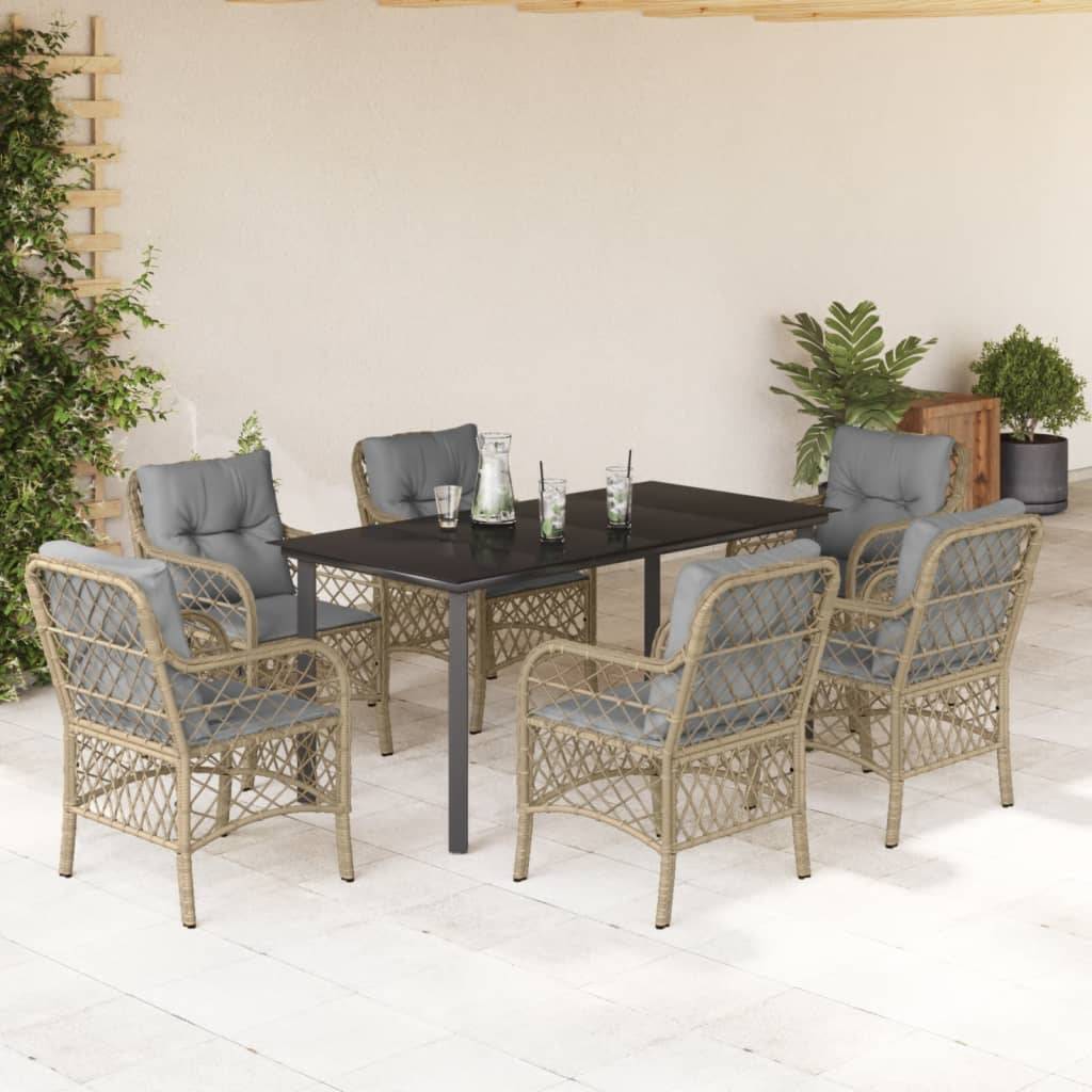 vidaXL 7-tlg. Garten-Essgruppe mit Kissen Beigemischung Poly Rattan