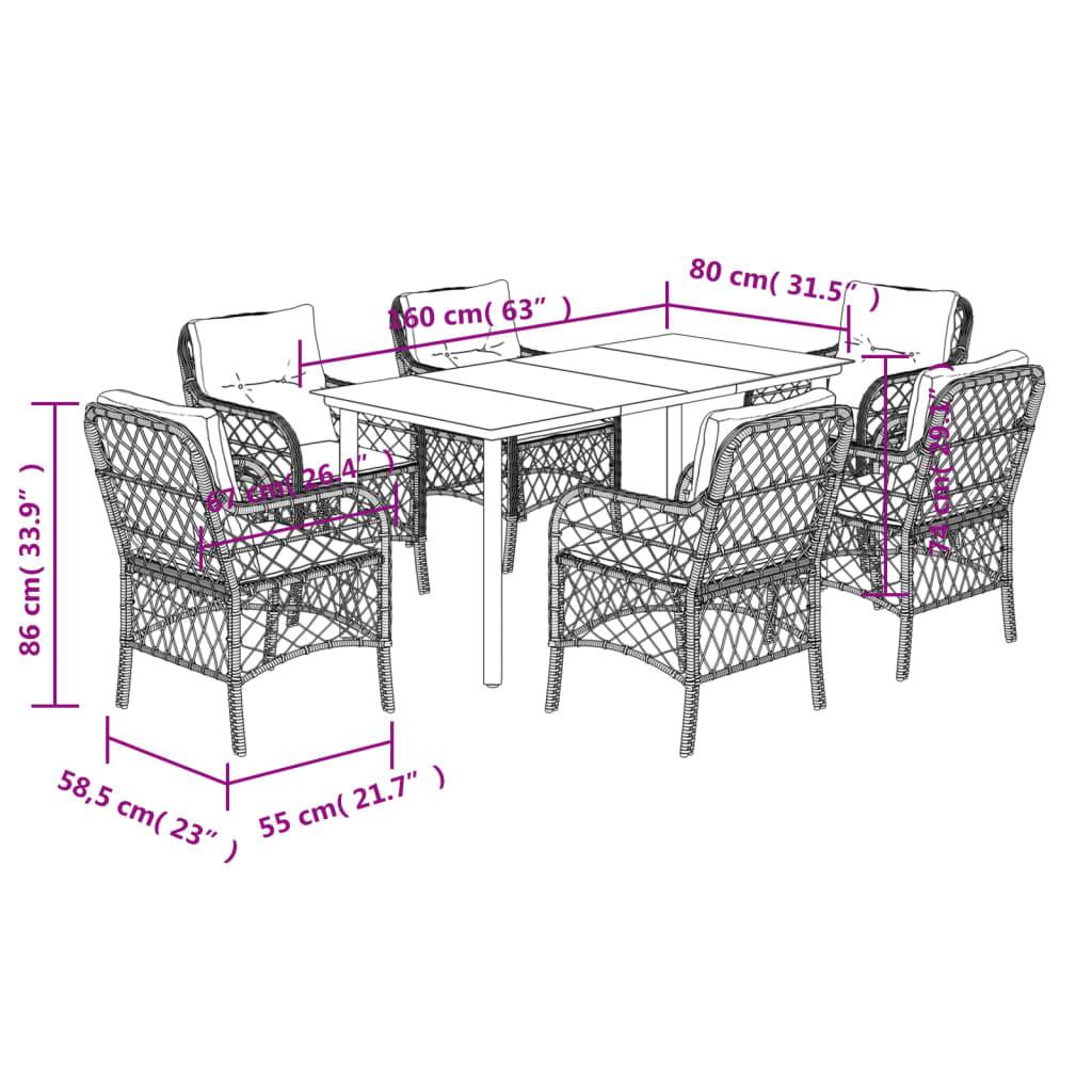 vidaXL 7-tlg. Garten-Essgruppe mit Kissen Beigemischung Poly Rattan