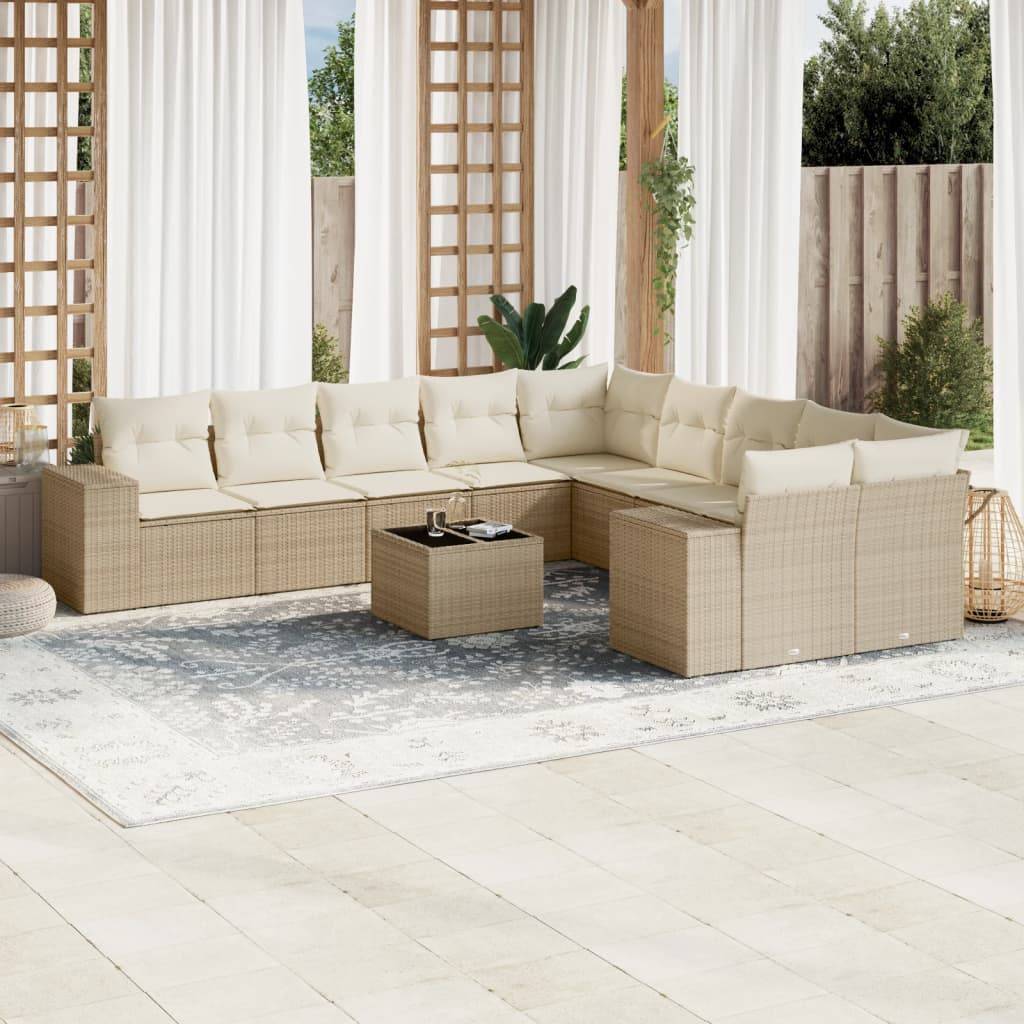 vidaXL 11-tlg. Garten-Sofagarnitur mit Kissen Beige Poly Rattan