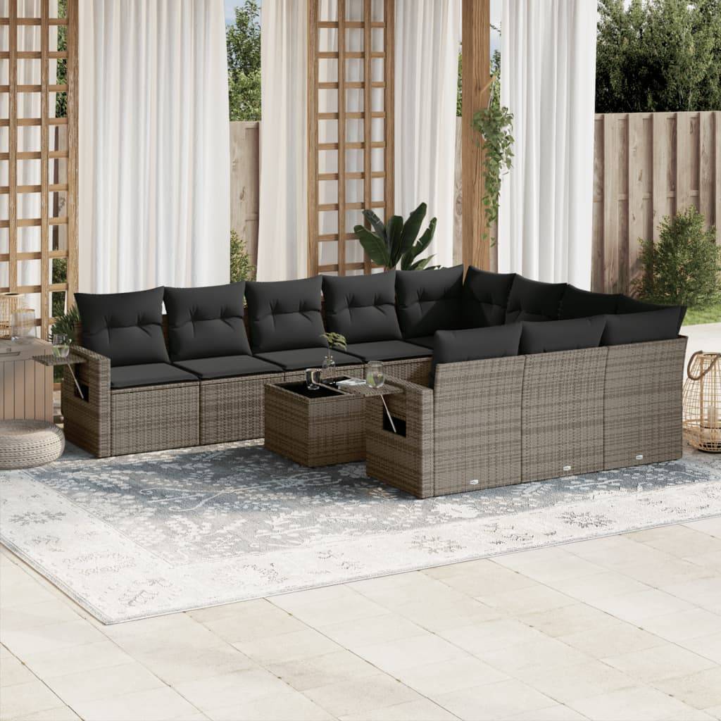 vidaXL 11-tlg. Garten-Sofagarnitur mit Kissen Grau Poly Rattan