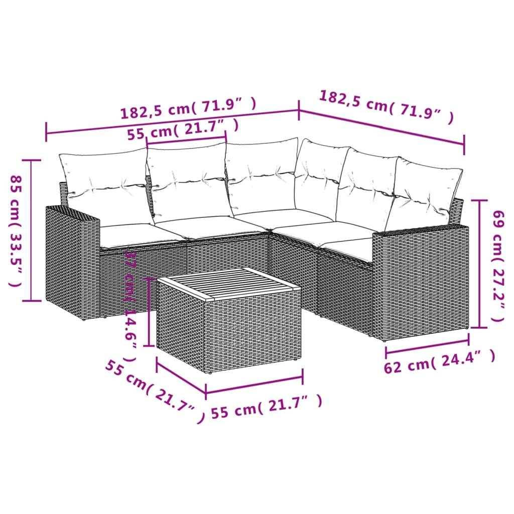 vidaXL 6-tlg. Garten-Sofagarnitur mit Kissen Beige Poly Rattan