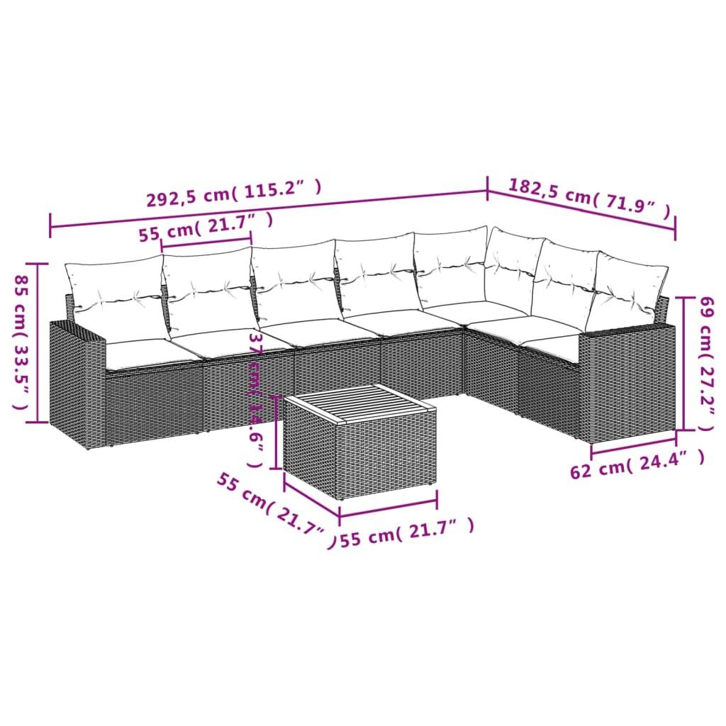 vidaXL 8-tlg. Garten-Sofagarnitur mit Kissen Grau Poly Rattan