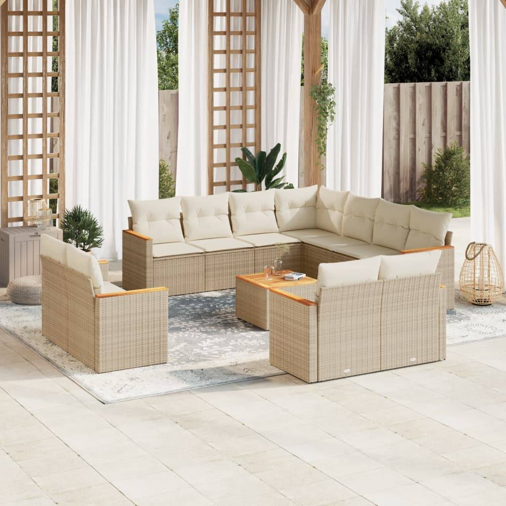 vidaXL 12-tlg. Garten-Sofagarnitur mit Kissen Beige Poly Rattan