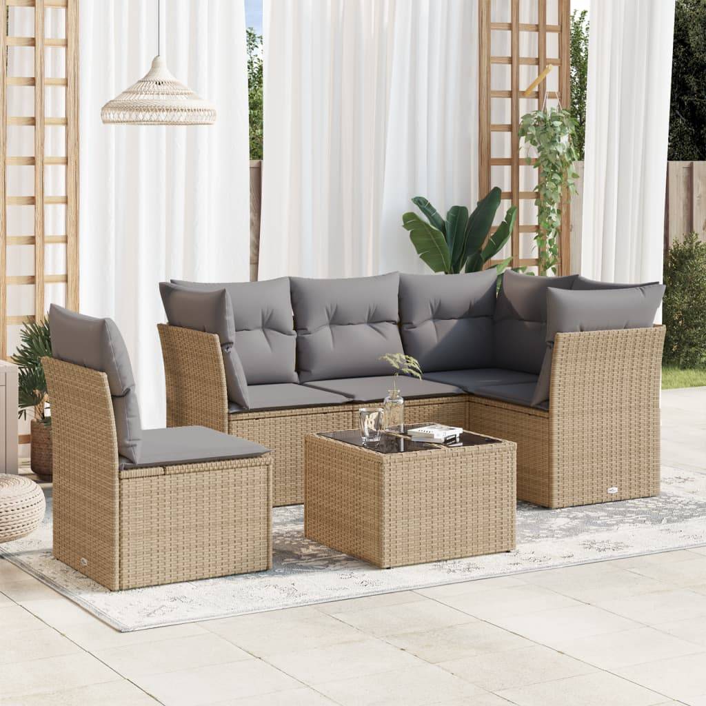 vidaXL 6-tlg. Garten-Sofagarnitur mit Kissen Beige Poly Rattan