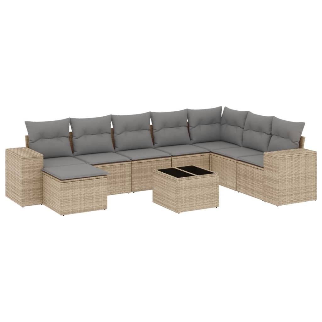vidaXL 9-tlg. Garten-Sofagarnitur mit Kissen Beige Poly Rattan