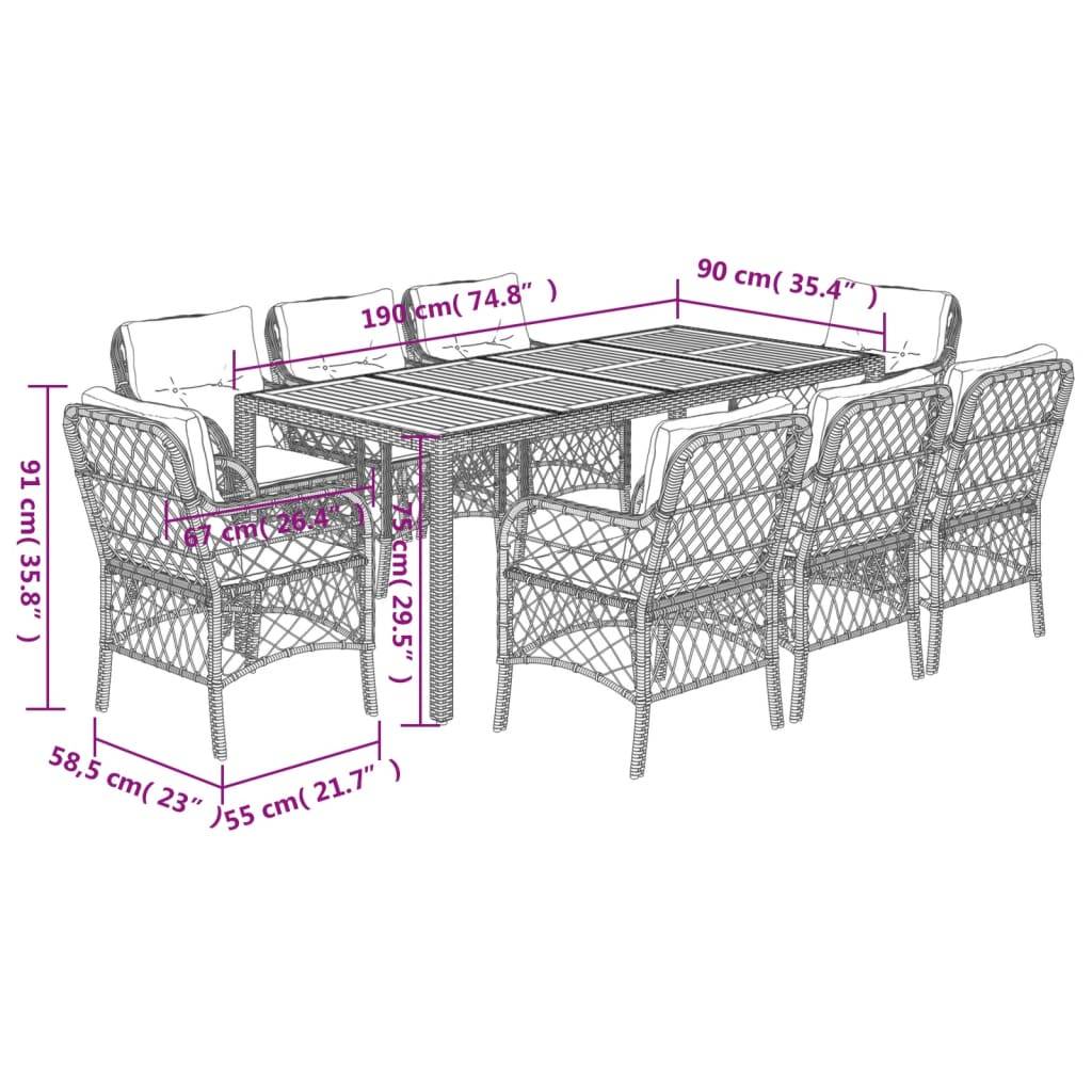 vidaXL 9-tlg. Garten-Essgruppe mit Kissen Grau Poly Rattan