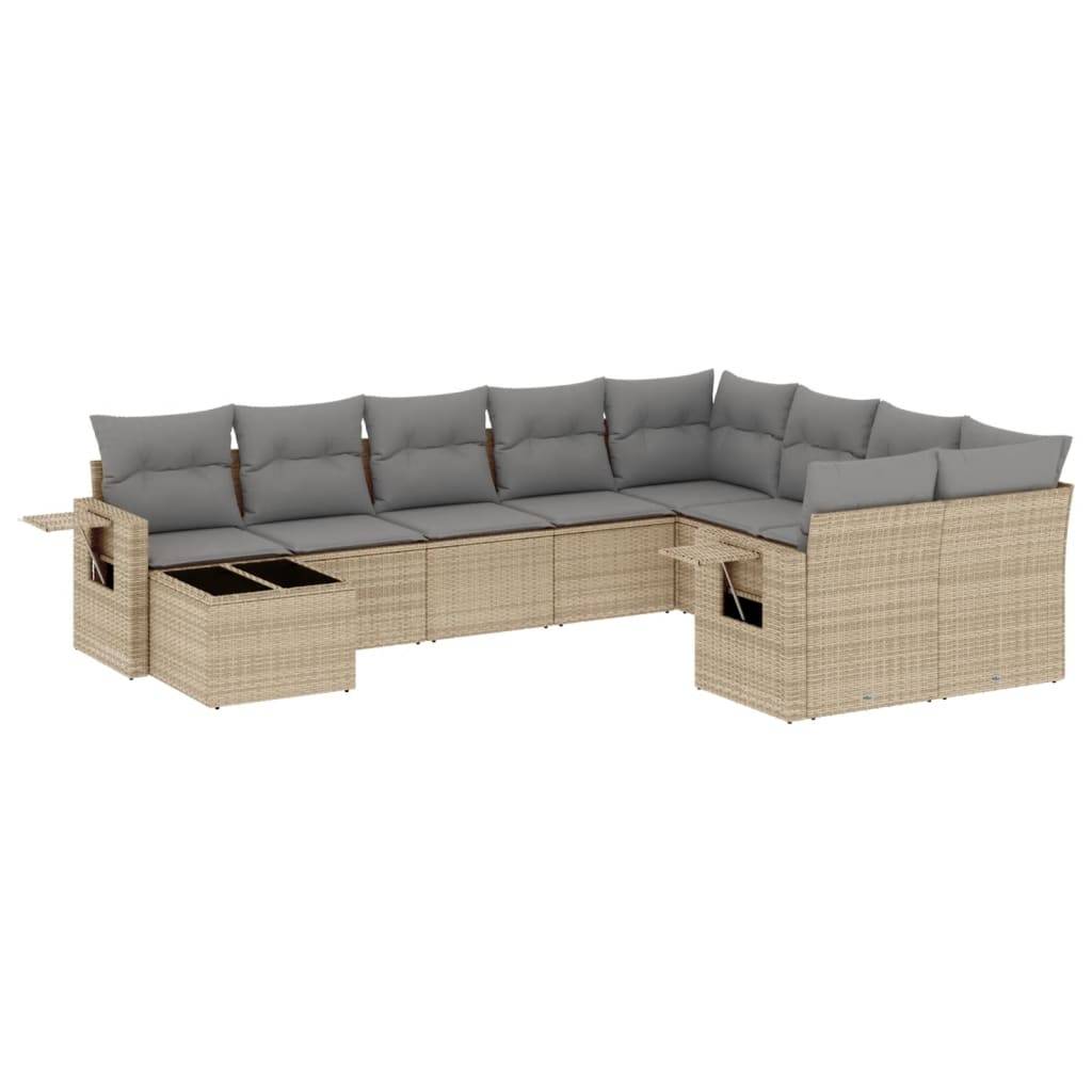 vidaXL 10-tlg. Garten-Sofagarnitur mit Kissen Beige Poly Rattan