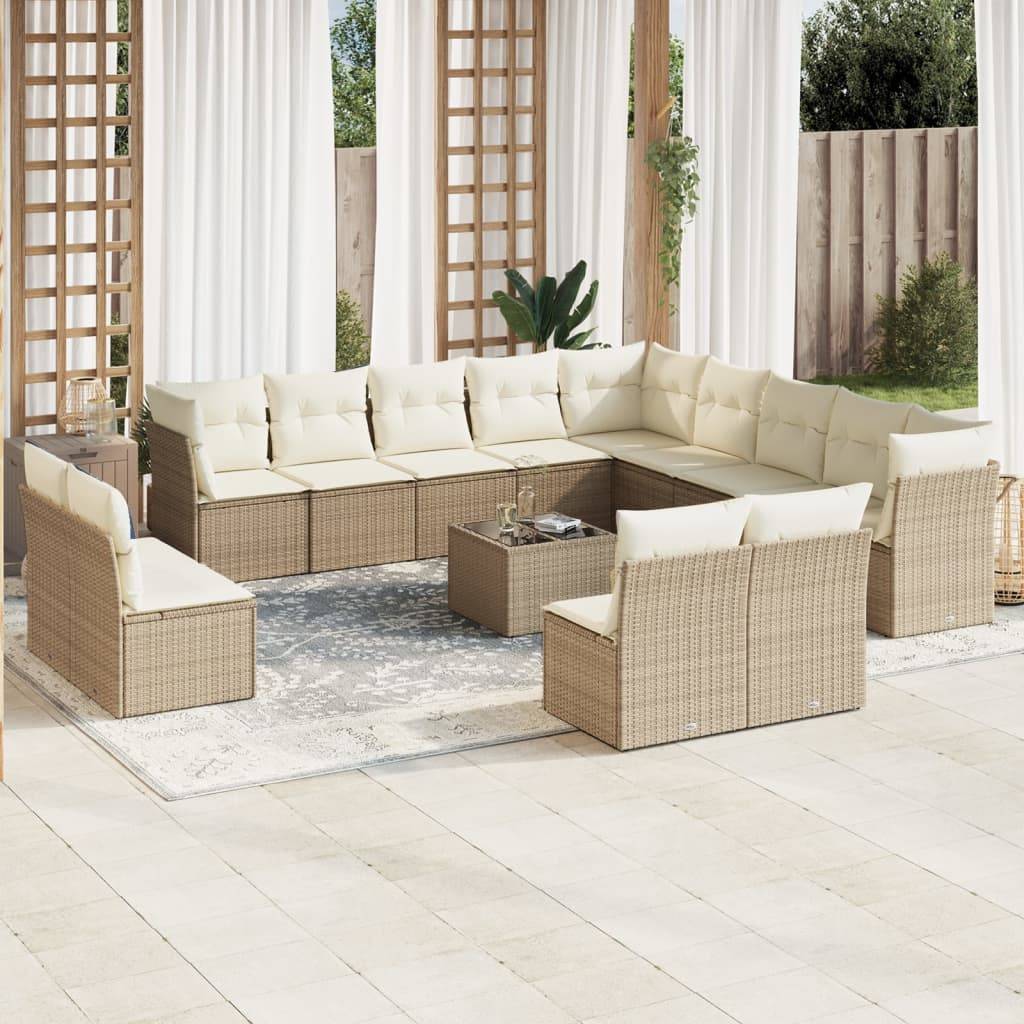 vidaXL 14-tlg. Garten-Sofagarnitur mit Kissen Beige Poly Rattan