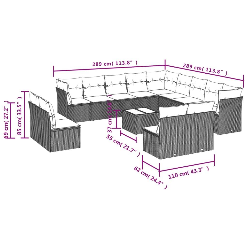 vidaXL 14-teiliges Gartensofa-Set mit Kissen, schwarzes Polyrattan