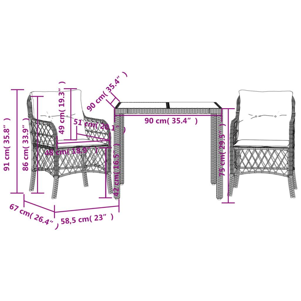 vidaXL 3-tlg. Bistro-Set mit Kissen Schwarz Poly Rattan