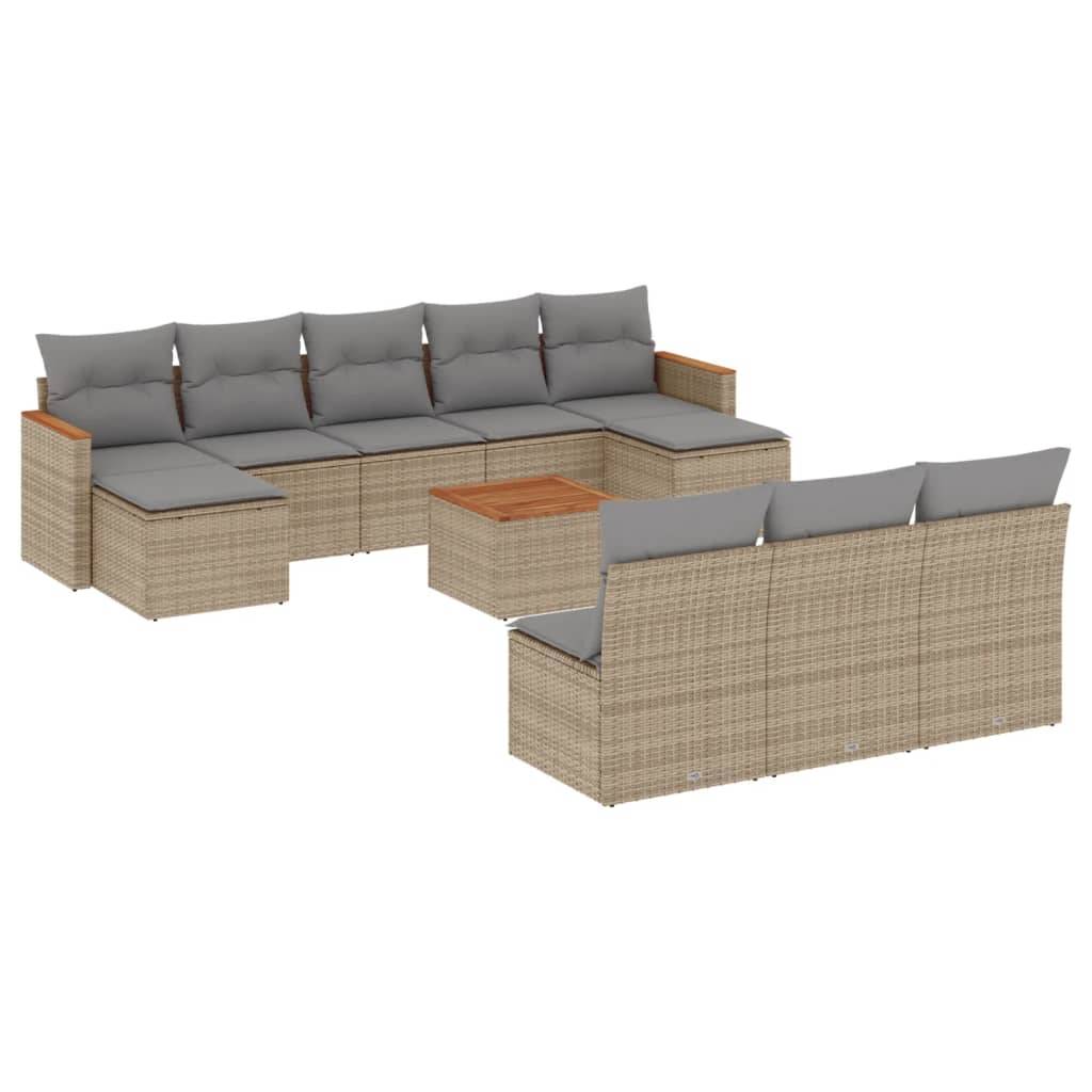 vidaXL 11-tlg. Garten-Sofagarnitur mit Kissen Beige Poly Rattan