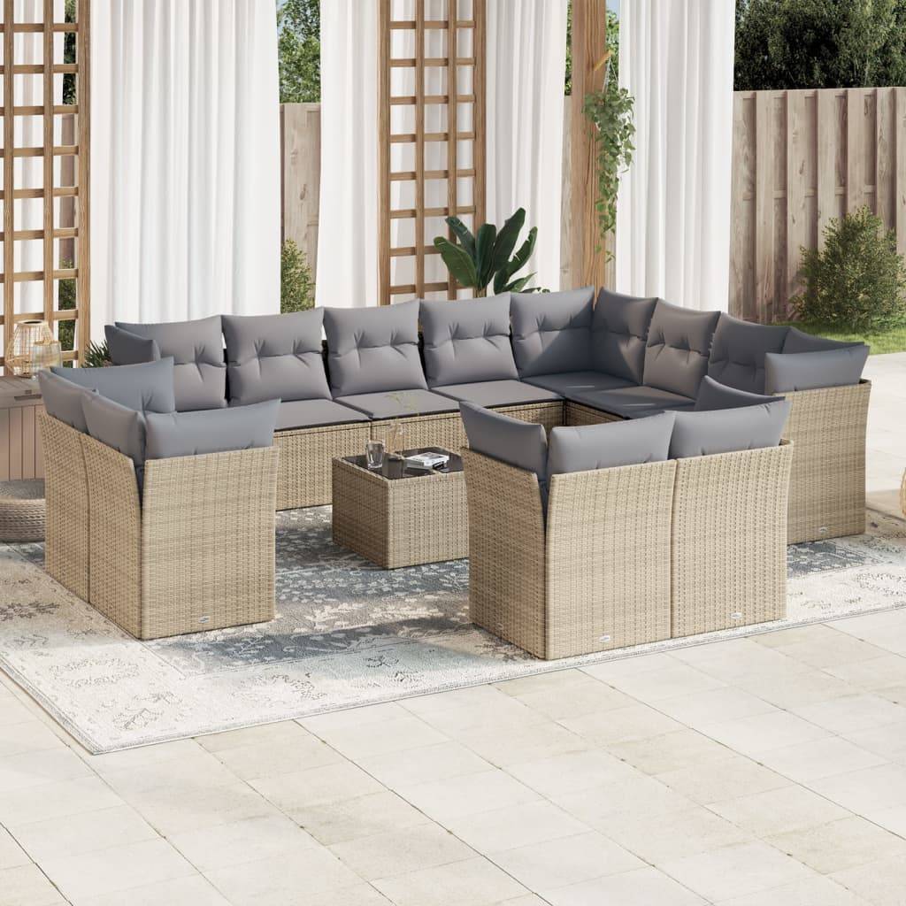 vidaXL 13-tlg. Garten-Sofagarnitur mit Kissen Beige Poly Rattan