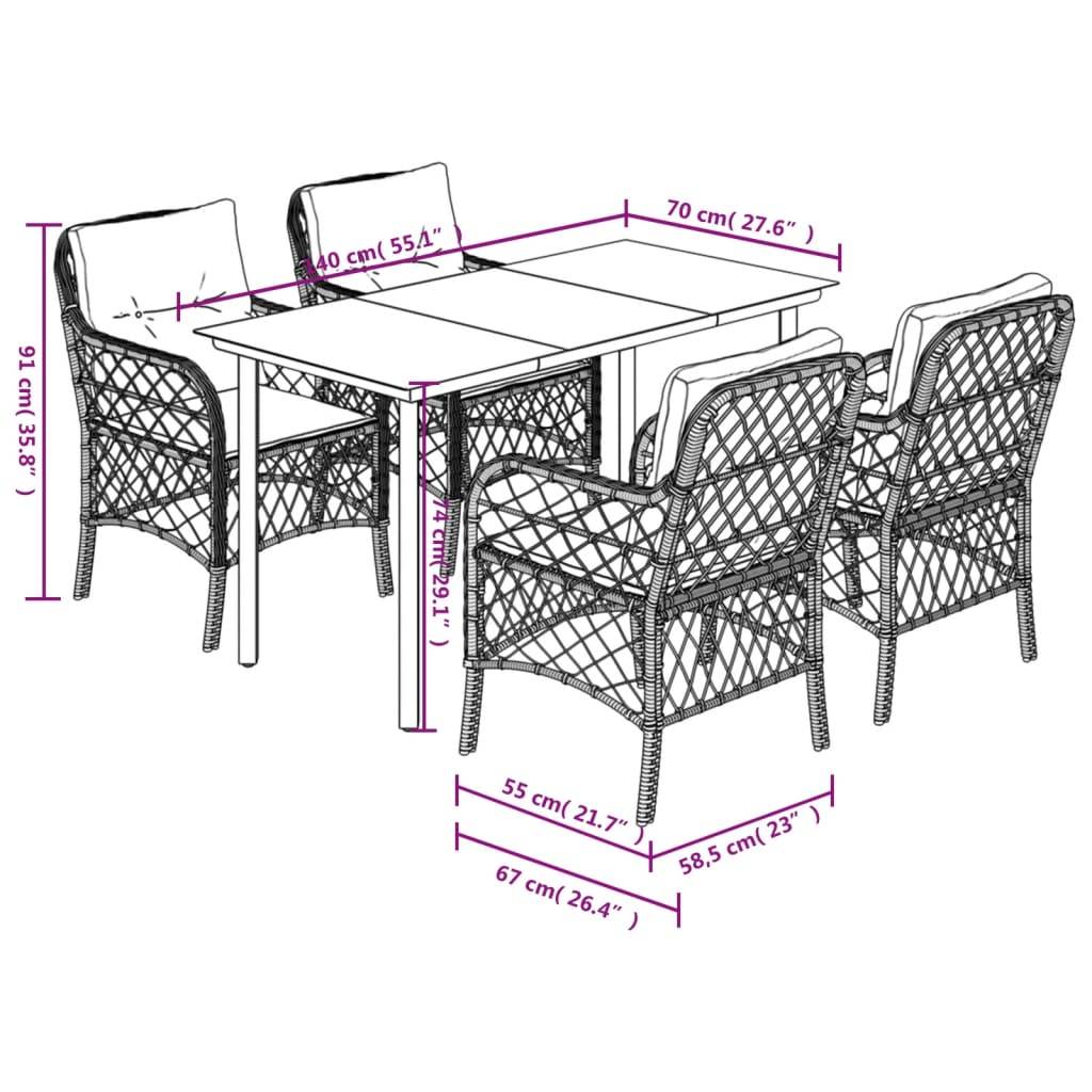vidaXL 5-tlg. Garten-Essgruppe mit Kissen Hellgrau Poly Rattan