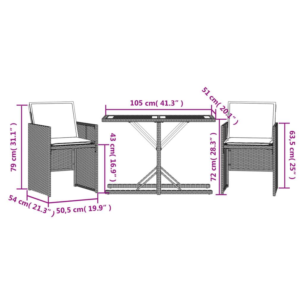 vidaXL 3-tlg. Bistro-Set mit Kissen Grau Poly Rattan