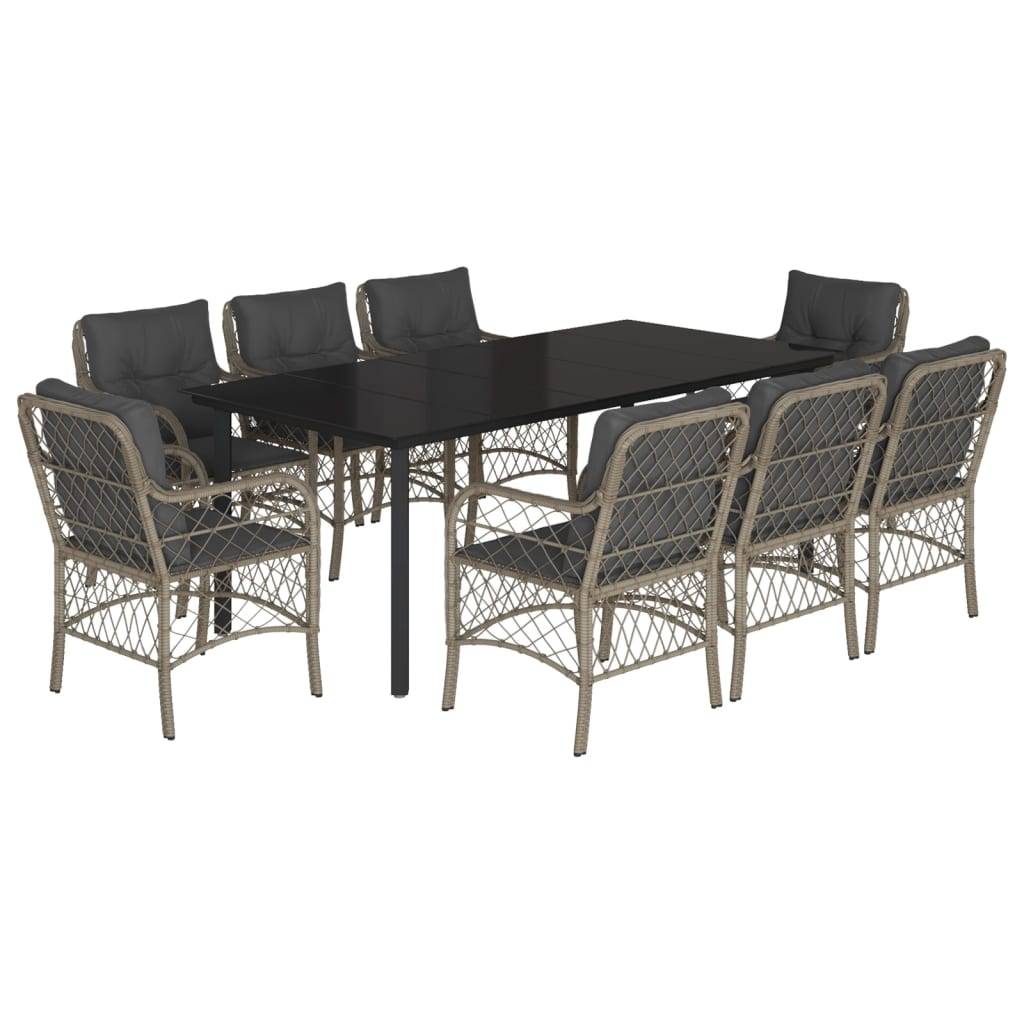 vidaXL 9-tlg. Garten-Essgruppe mit Kissen Hellgrau Poly Rattan