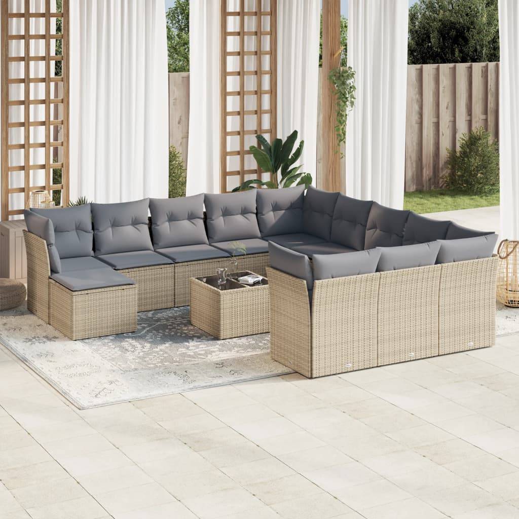 vidaXL 13-tlg. Garten-Sofagarnitur mit Kissen Beige Poly Rattan