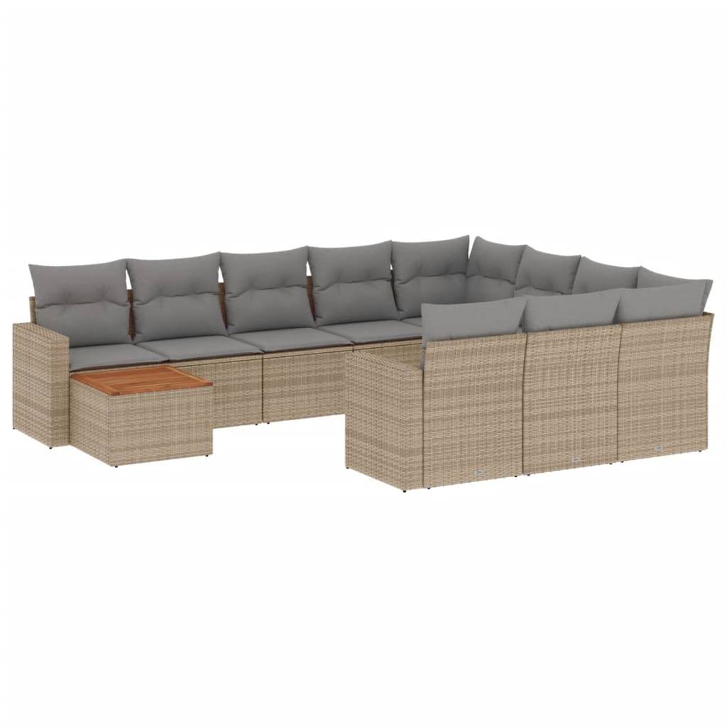 vidaXL 11-tlg. Garten-Sofagarnitur mit Kissen Beige Poly Rattan
