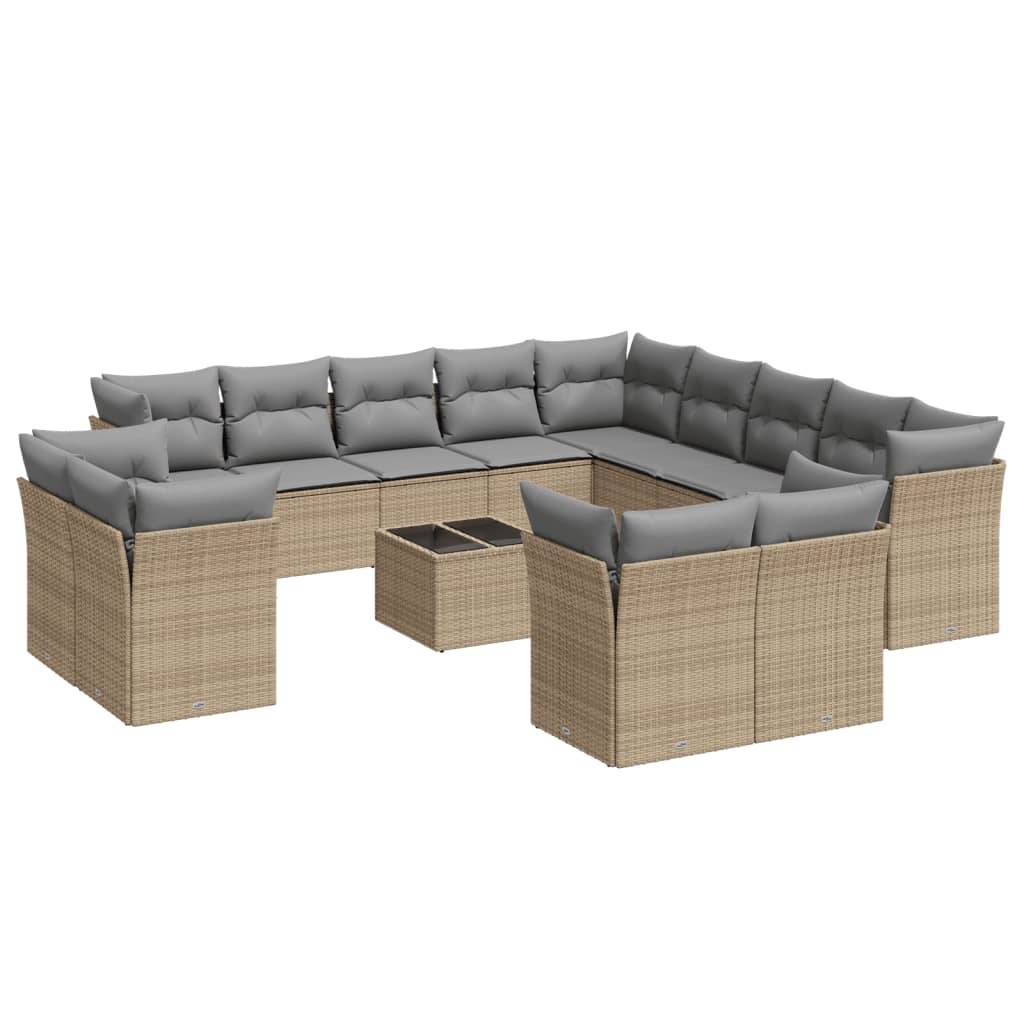 vidaXL 14-tlg. Garten-Sofagarnitur mit Kissen Beige Poly Rattan